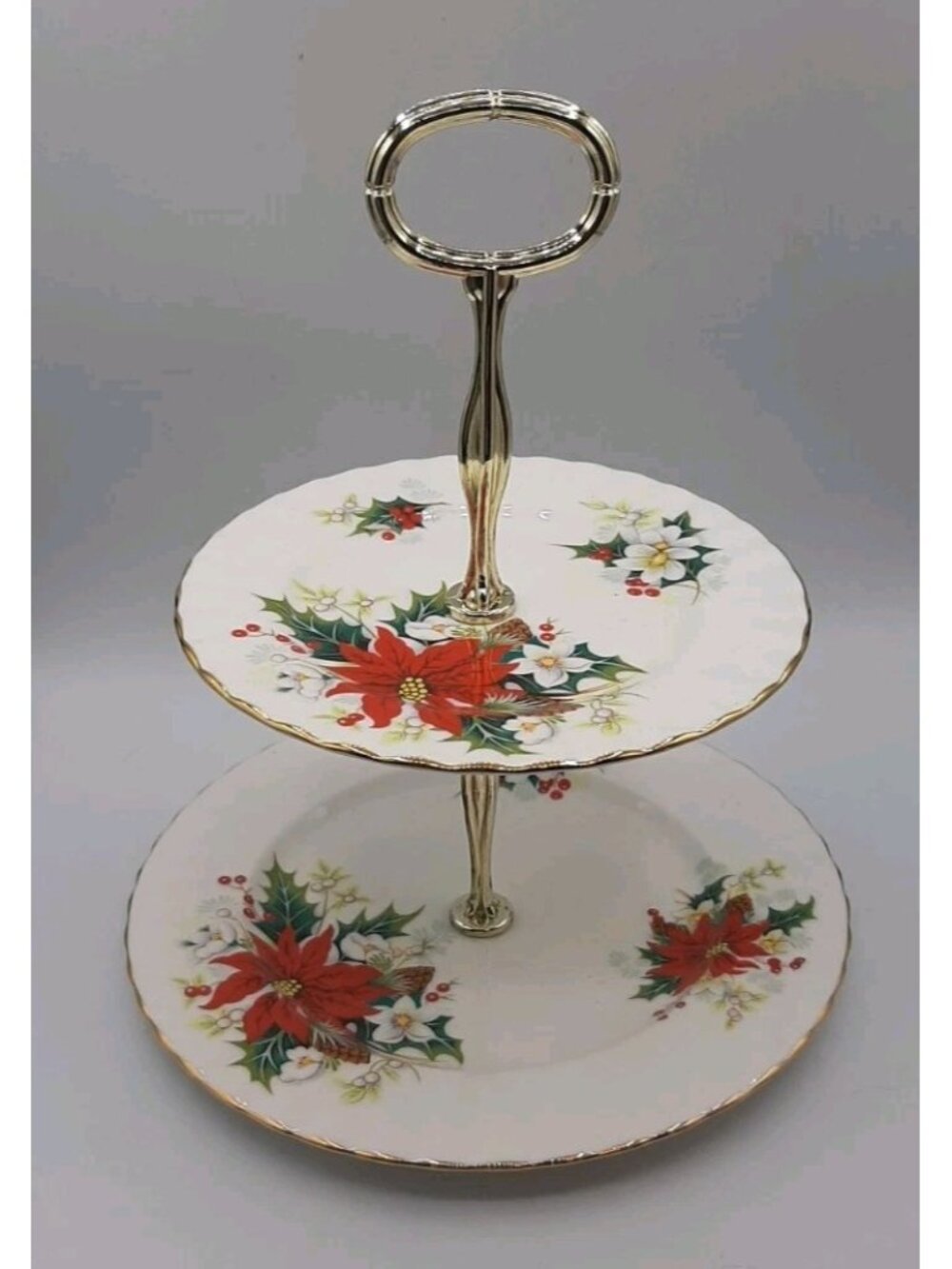 Vtg Royal Albert Bone China Poinsettia Pattern 2 Tiered Plates Dessert Server